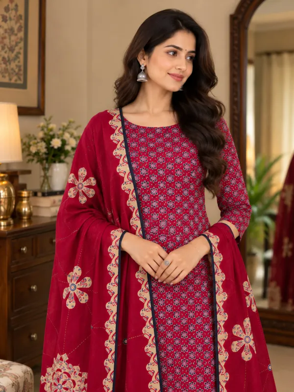 Pure_Cotton_Unstitched_Salwar_Suit_Material_with_Maroon_Mirror_Work_Dupatta_|_Printed,_Applique_Kurta,_Trouser/Pant_&_Dupatta_Set