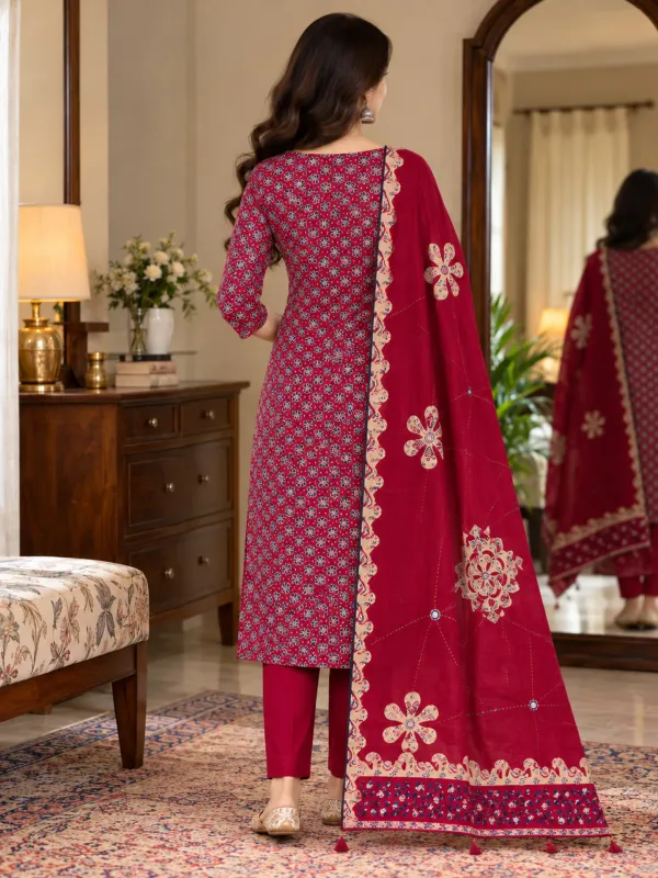Pure_Cotton_Unstitched_Salwar_Suit_Material_with_Maroon_Mirror_Work_Dupatta_|_Printed,_Applique_Kurta,_Trouser/Pant_&_Dupatta_Set