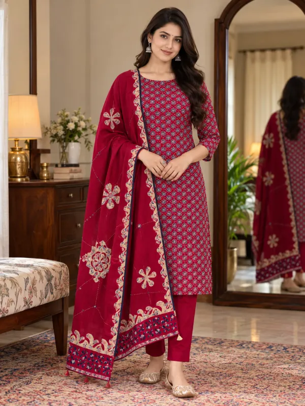 Pure_Cotton_Unstitched_Salwar_Suit_Material_with_Maroon_Mirror_Work_Dupatta_|_Printed,_Applique_Kurta,_Trouser/Pant_&_Dupatta_Set
