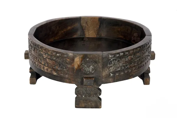 Antique_Wooden_Chakki_Coffee_Table_For_Home_Deccor_Pooja_Room_Storage_Handcrafted_Solid_Wood_Round_Bowl_With_Carved_Floral_Design_Rustic_Antique_Decorative_Centerpiece_Black