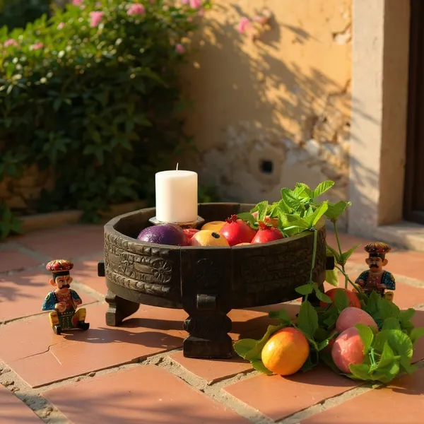 Antique_Wooden_Chakki_Coffee_Table_For_Home_Deccor_Pooja_Room_Storage_Handcrafted_Solid_Wood_Round_Bowl_With_Carved_Floral_Design_Rustic_Antique_Decorative_Centerpiece_Black