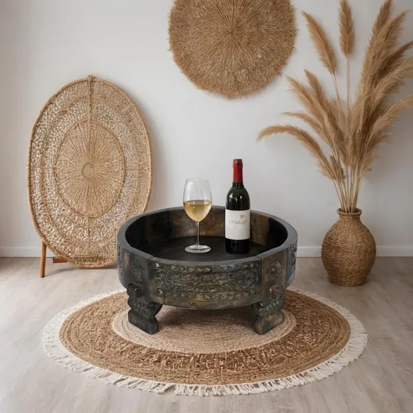 Antique_Wooden_Chakki_Coffee_Table_For_Home_Deccor_Pooja_Room_Storage_Handcrafted_Solid_Wood_Round_Bowl_With_Carved_Floral_Design_Rustic_Antique_Decorative_Centerpiece_Black