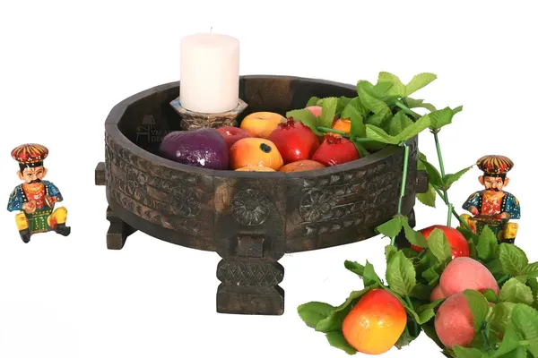 Antique_Wooden_Chakki_Coffee_Table_For_Home_Deccor_Pooja_Room_Storage_Handcrafted_Solid_Wood_Round_Bowl_With_Carved_Floral_Design_Rustic_Antique_Decorative_Centerpiece_Black