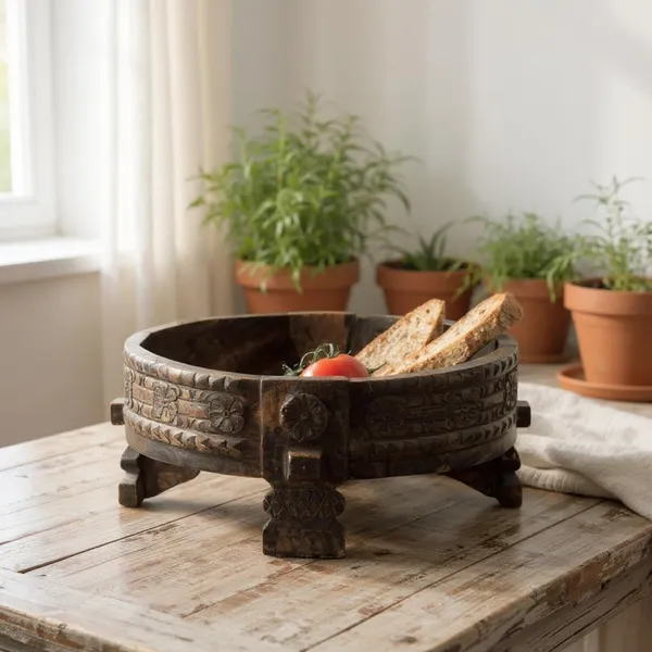 Antique_Wooden_Chakki_Coffee_Table_For_Home_Deccor_Pooja_Room_Storage_Handcrafted_Solid_Wood_Round_Bowl_With_Carved_Floral_Design_Rustic_Antique_Decorative_Centerpiece_Black