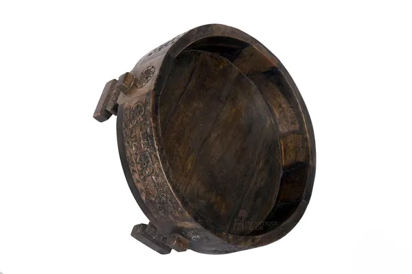 Antique_Wooden_Chakki_Coffee_Table_For_Home_Deccor_Pooja_Room_Storage_Handcrafted_Solid_Wood_Round_Bowl_With_Carved_Floral_Design_Rustic_Antique_Decorative_Centerpiece_Black