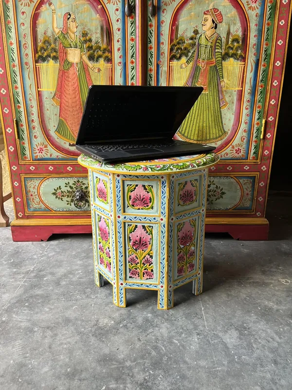 Handcrafted_Wooden_Side_Table_With_Hand_Painted_Floral_Design_Round_Accent_Table_For_Living_Room_Bedroom_Sofa_Traditional_Indian_Rajasthani_Furniture