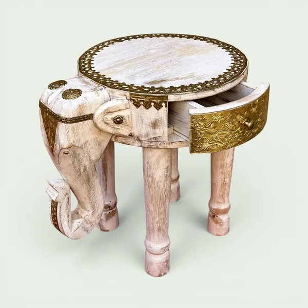 Coffee_Table_Brass_Embossed_Wooden_Cocktail_Home_Decors_Lamp_Table_Showpiece_Elephant_Table_Round_White