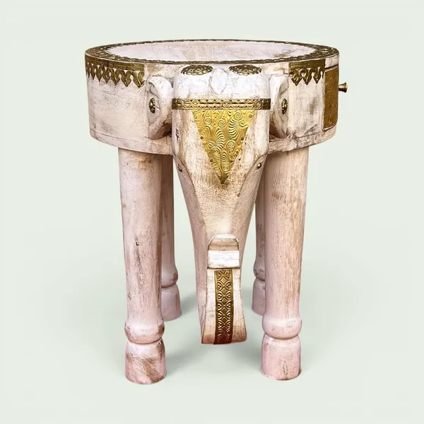 Coffee_Table_Brass_Embossed_Wooden_Cocktail_Home_Decors_Lamp_Table_Showpiece_Elephant_Table_Round_White