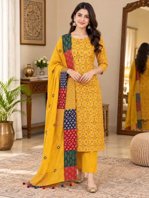 Pure_Cotton_Unstitched_Salwar_Suit_Material_for_Women_with_Patchwork_Dupatta_Printed,_Applique_Kurta,_Trouser/Pant_&_Dupatta_Set