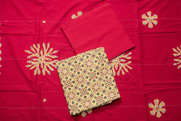 Pure_Cotton_Ajrakh_Printed_Unstitched_Women_Salwar_Suit_Material_with_Dupatta_Printed,_Applique_Kurta,_Trouser/Pant_&_Dupatta_Set
