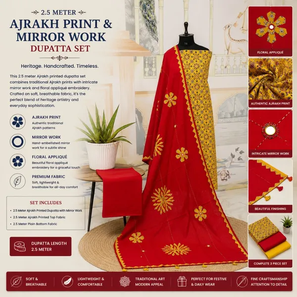 Pure_Cotton_Ajrakh_Printed_Unstitched_Women_Salwar_Suit_Material_with_Dupatta_Printed,_Applique_Kurta,_Trouser/Pant_&_Dupatta_Set