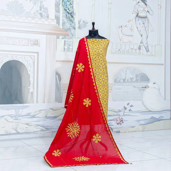 Pure_Cotton_Ajrakh_Printed_Unstitched_Women_Salwar_Suit_Material_with_Dupatta_Printed,_Applique_Kurta,_Trouser/Pant_&_Dupatta_Set