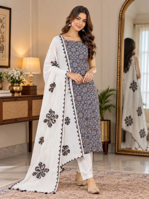 Pure_Cotton_Ajrakh_Printed_Unstitched_Salwar_Suit_Material_for_Women_Printed,_Applique_Kurta,_Trouser/Pant_&_Dupatta_Set