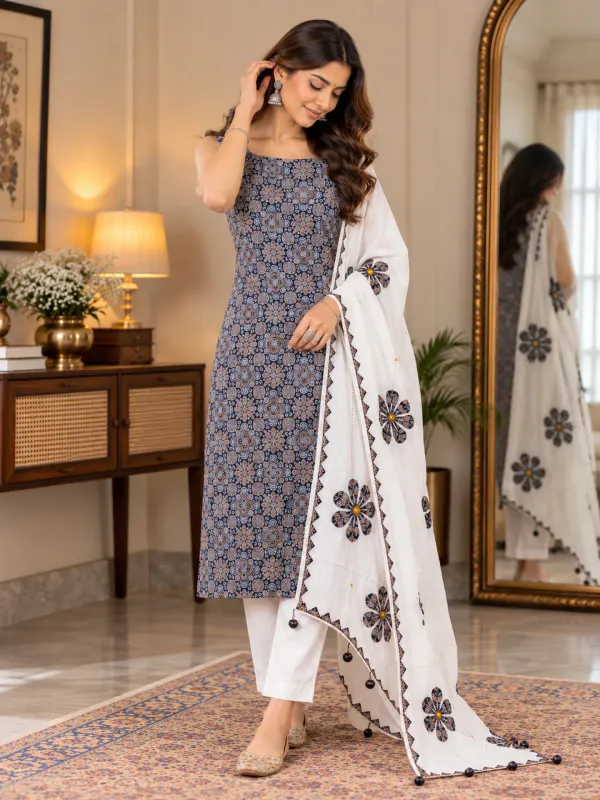 Pure_Cotton_Ajrakh_Printed_Unstitched_Salwar_Suit_Material_for_Women_Printed,_Applique_Kurta,_Trouser/Pant_&_Dupatta_Set