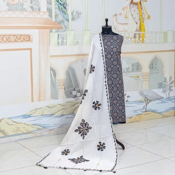 Pure_Cotton_Ajrakh_Printed_Unstitched_Salwar_Suit_Material_for_Women_Printed,_Applique_Kurta,_Trouser/Pant_&_Dupatta_Set