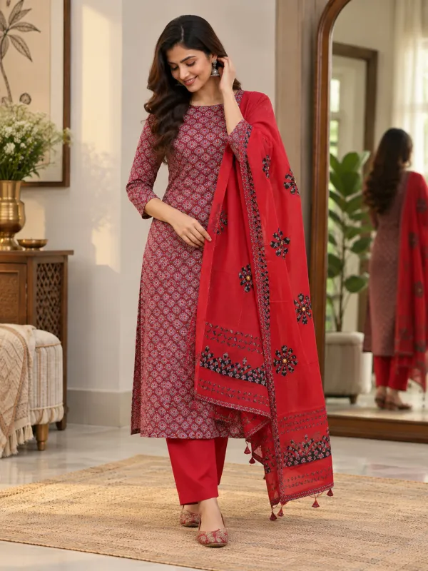 PREETGALLERY_Pure_Cotton_Ajrakh_Printed_Unstitched_Salwar_Suit_Material_for_Women_Printed,_Applique_Kurta,_Trouser/Pant_&_Dupatta_Set