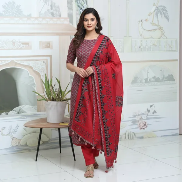 PREETGALLERY_Pure_Cotton_Ajrakh_Printed_Unstitched_Salwar_Suit_Material_for_Women_Printed,_Applique_Kurta,_Trouser/Pant_&_Dupatta_Set