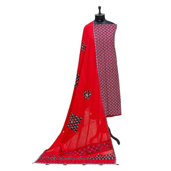 PREETGALLERY_Pure_Cotton_Ajrakh_Printed_Unstitched_Salwar_Suit_Material_for_Women_Printed,_Applique_Kurta,_Trouser/Pant_&_Dupatta_Set
