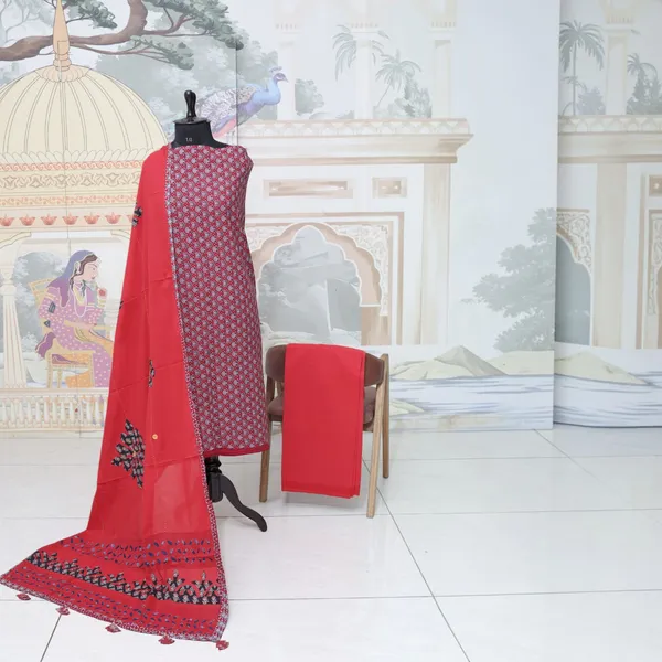 PREETGALLERY_Pure_Cotton_Ajrakh_Printed_Unstitched_Salwar_Suit_Material_for_Women_Printed,_Applique_Kurta,_Trouser/Pant_&_Dupatta_Set