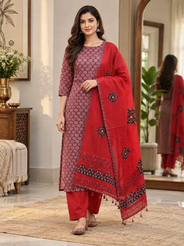 PREETGALLERY_Pure_Cotton_Ajrakh_Printed_Unstitched_Salwar_Suit_Material_for_Women_Printed,_Applique_Kurta,_Trouser/Pant_&_Dupatta_Set