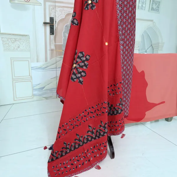 PREETGALLERY_Pure_Cotton_Ajrakh_Printed_Unstitched_Salwar_Suit_Material_for_Women_Printed,_Applique_Kurta,_Trouser/Pant_&_Dupatta_Set