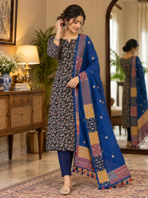 Garba_Festive_Wear_Pure_Cotton_Ajrakh_Mirror_Work_Suit_Material_for_Women_Printed,_Applique_Kurta,_Trouser/Pant_&_Dupatta_Set