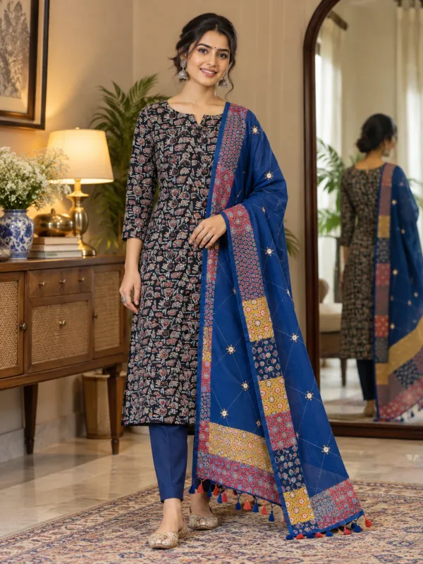 Garba_Festive_Wear_Pure_Cotton_Ajrakh_Mirror_Work_Suit_Material_for_Women_Printed,_Applique_Kurta,_Trouser/Pant_&_Dupatta_Set