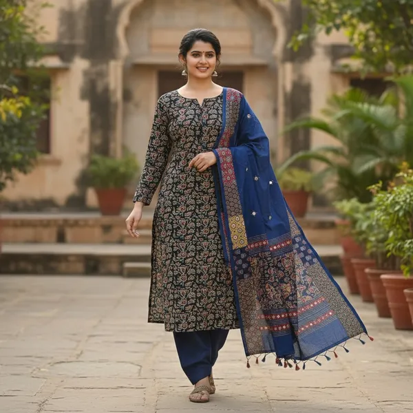 Garba_Festive_Wear_Pure_Cotton_Ajrakh_Mirror_Work_Suit_Material_for_Women_Printed,_Applique_Kurta,_Trouser/Pant_&_Dupatta_Set