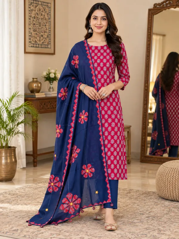 Pure_Cotton_Unstitched_3-Piece_Women_Salwar_Suit_Material_with_Kantha_Dupatta_Printed,_Applique_Kurta,_Trouser/Pant_&_Dupatta_Set