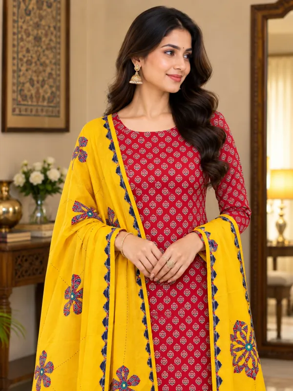 Pure_Cotton_Unstitched_Salwar_Suit_Material_3_Piece_Set_for_Women_|_Printed,_Applique_Kurta,_Trouser/Pant_&_Dupatta_Set