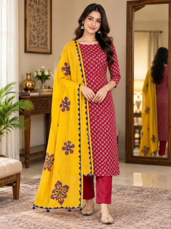 Pure_Cotton_Unstitched_Salwar_Suit_Material_3_Piece_Set_for_Women_|_Printed,_Applique_Kurta,_Trouser/Pant_&_Dupatta_Set