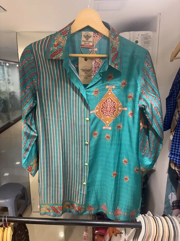 Teal_Muslin_Relaxed_Fit_Striped_Ethnic_Print_Shirt_For_Women
