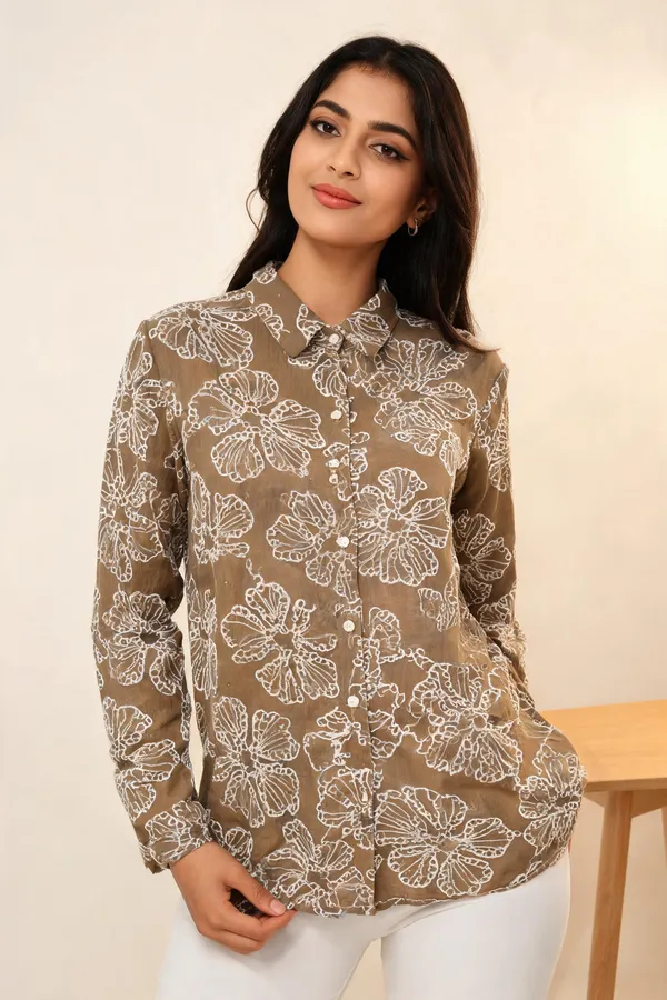 Beige_Cotton_Straight_Floral_Print_Shirt_For_Women