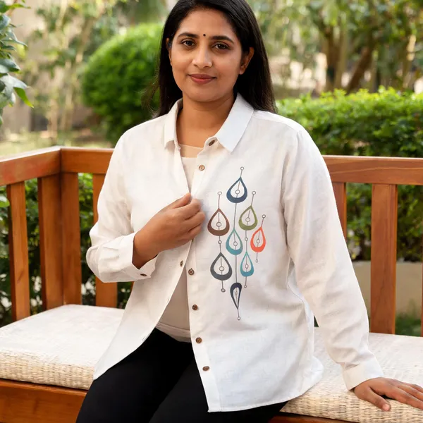 White_Linen_Cotton_Textured_Motif_Print_Shirt_For_Women