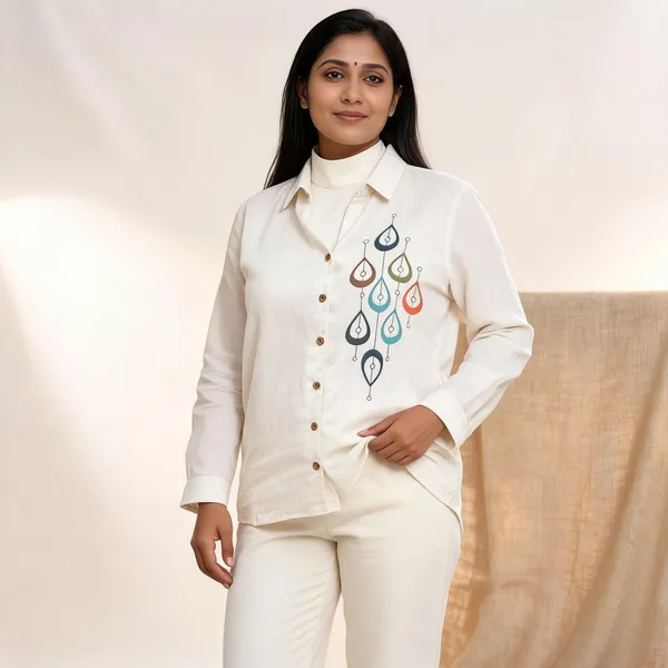 White_Linen_Cotton_Textured_Motif_Print_Shirt_For_Women