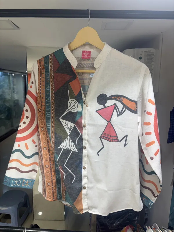 White_Linen_Cotton_Relaxed_Warli_Art_Print_Shirt_For_Women