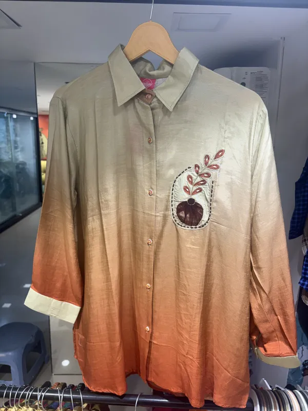 Orange_And_Off_White_Crepe_Relaxed_Ombre_Embroidered_Shirt_For_Women