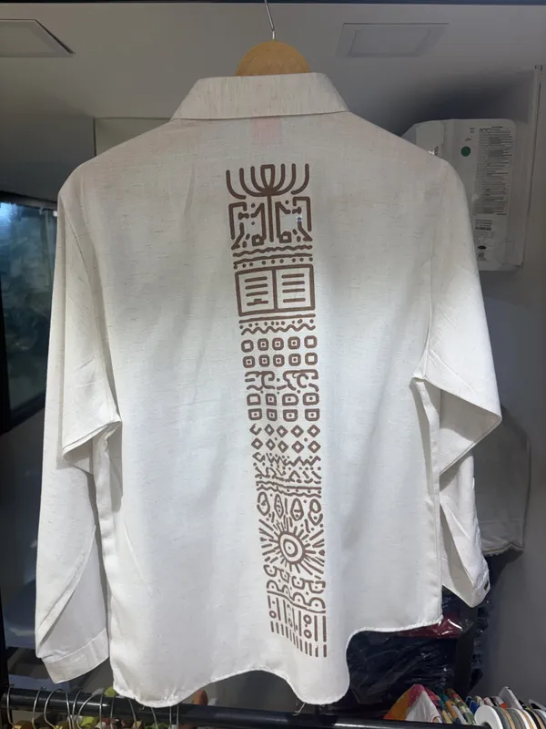 White_Linen_Cotton_Textured_Motif_Print_Shirt_For_Women