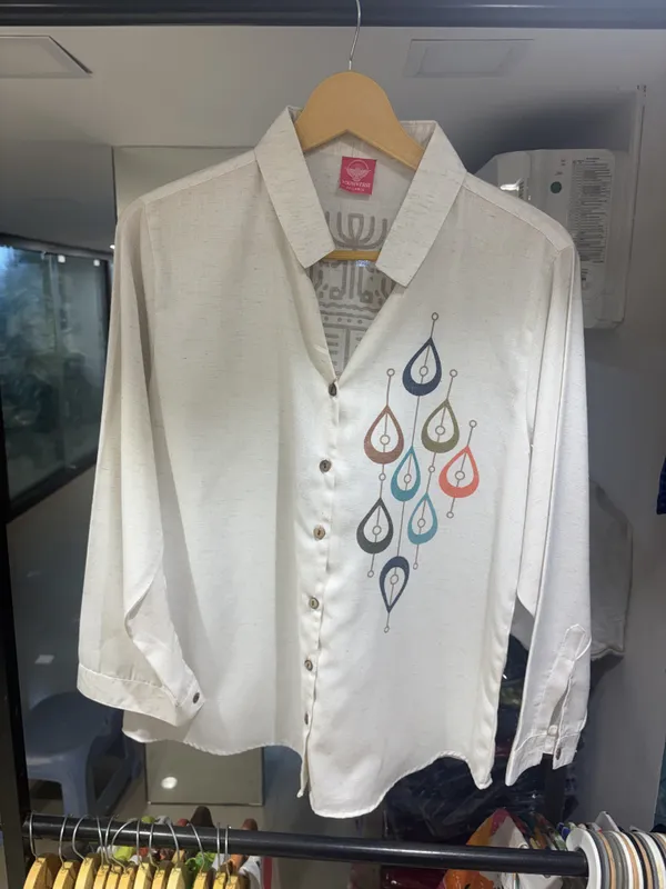 White_Linen_Cotton_Textured_Motif_Print_Shirt_For_Women