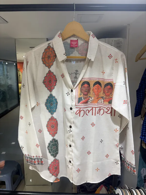 White_Linen_Cotton_Relaxed_Fit_Warli_Folk_Art_Print_Shirt_For_Women