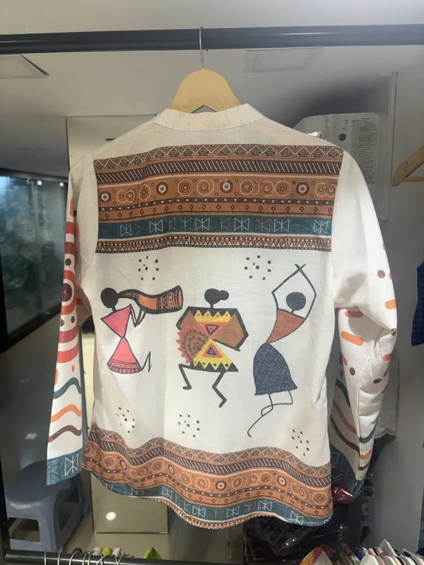 White_Linen_Cotton_Relaxed_Warli_Art_Print_Shirt_For_Women