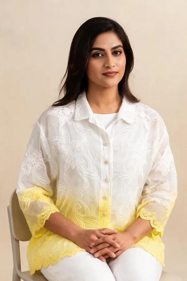 White_Yellow_Ombre_Mull_Cotton_Floral_Embroidered_Shirt_For_Women