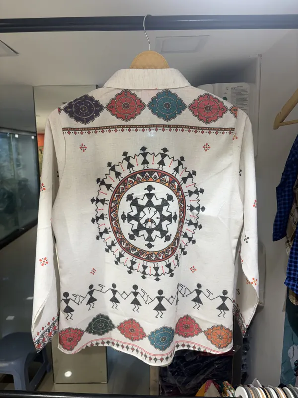 White_Linen_Cotton_Relaxed_Fit_Warli_Folk_Art_Print_Shirt_For_Women