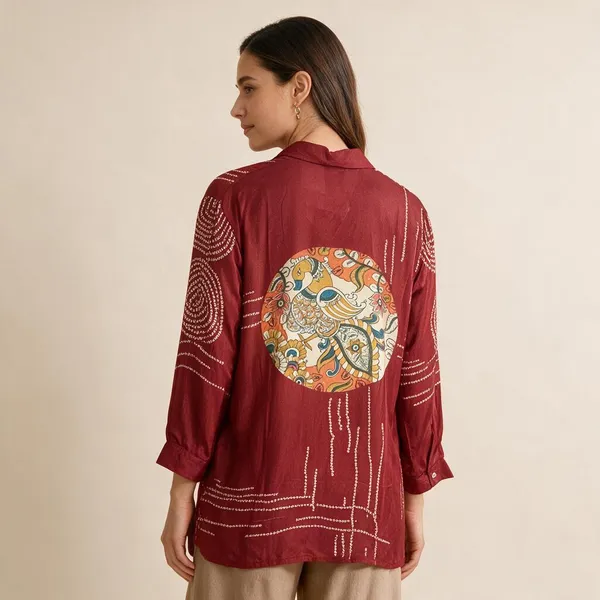 Maroon_Muslin_Relaxed_Fit_Dotted_Ajrakh_Print_Shirt_For_Women