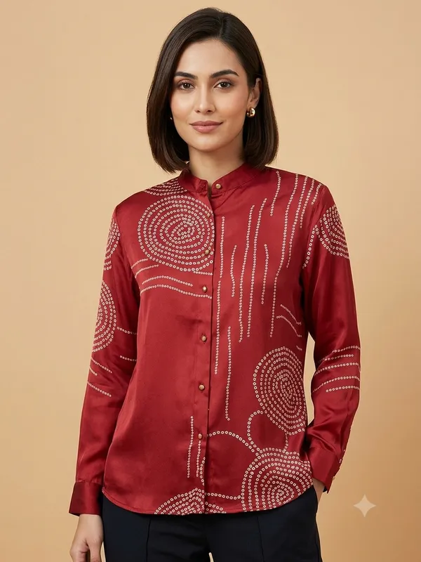 Maroon_Muslin_Relaxed_Fit_Dotted_Ajrakh_Print_Shirt_For_Women