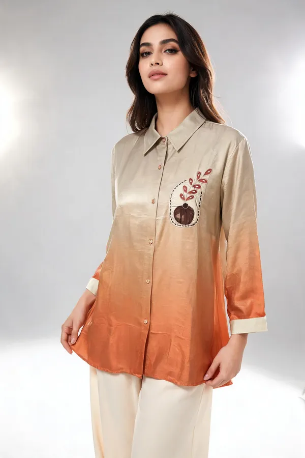 Orange_And_Off_White_Crepe_Relaxed_Ombre_Embroidered_Shirt_For_Women