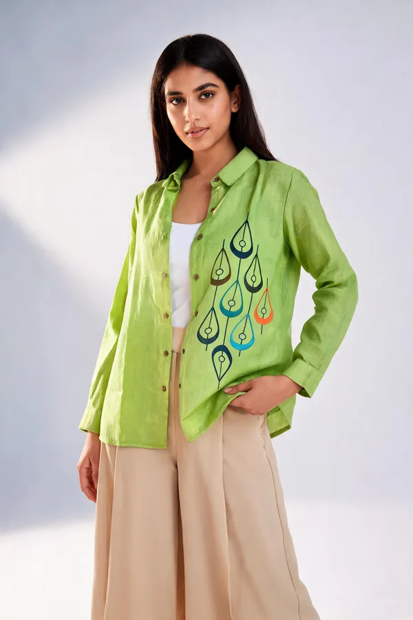 Green_Linen_Cotton_Relaxed_Motif_Print_Shirt_For_Women