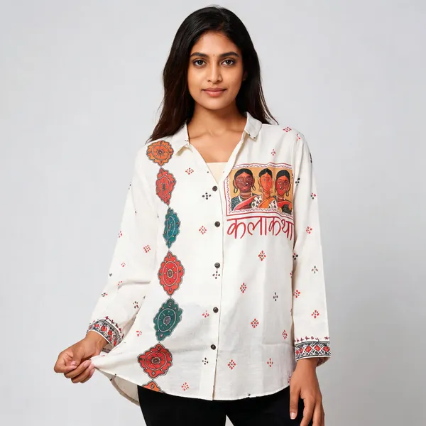 White_Linen_Cotton_Relaxed_Fit_Warli_Folk_Art_Print_Shirt_For_Women