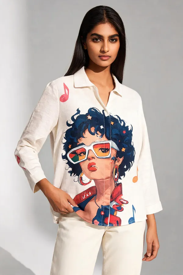 White_Linen-Cotton_Relaxed_Fit_Music_Graphic_Print_Shirt_For_Women