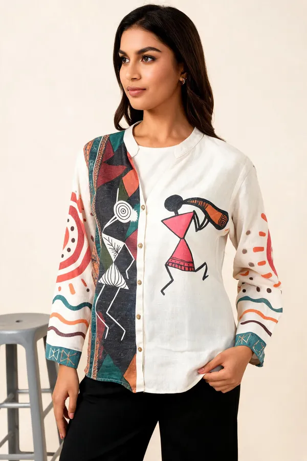 White_Linen_Cotton_Relaxed_Warli_Art_Print_Shirt_For_Women